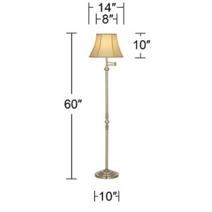 Regency Hill Montebello Traditional Adjustable Swing Arm Floor Lamp Standing 60" Tall Antique Brass Metal Column Golden Tan Bell Shade for Living Room Reading House Family Bedroom Home