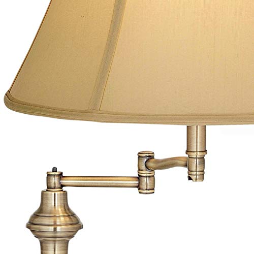 Regency Hill Montebello Traditional Adjustable Swing Arm Floor Lamp Standing 60" Tall Antique Brass Metal Column Golden Tan Bell Shade for Living Room Reading House Family Bedroom Home