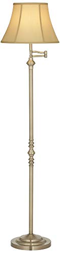 Regency Hill Montebello Traditional Adjustable Swing Arm Floor Lamp Standing 60" Tall Antique Brass Metal Column Golden Tan Bell Shade for Living Room Reading House Family Bedroom Home