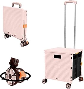 foldable utility cart folding portable rolling crate handcart shopping trolley wheel box with lid wear-resistant noiseless 360°rotate wheel for travel shopping moving storage office use (pink)