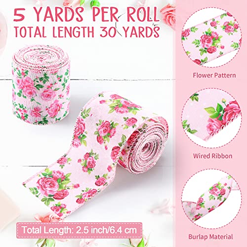 6 Rolls Floral Wired Edge Ribbon Vintage Tea Party Decorations 2.5 Inch Burlap Flower Print Ribbons Spring Gift Wrapping Ribbon for Birthday Wedding Bridal Floral Tea Garden Party Favors, 30 Yards
