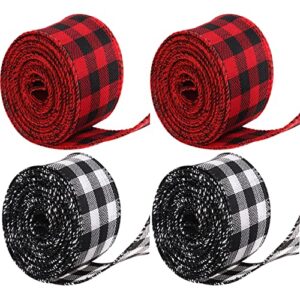 4 rolls white red wired edge ribbon christmas plaid ribbon and burlap craft ribbon for diy wrapping party crafts decor (4, white red)