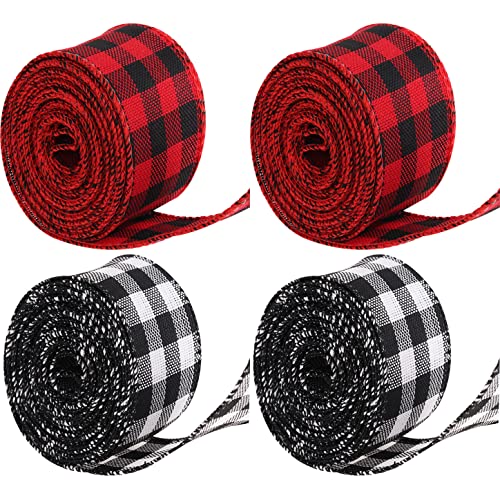 4 Rolls White Red Wired Edge Ribbon Christmas Plaid Ribbon and Burlap Craft Ribbon for DIY Wrapping Party Crafts Decor (4, White Red)