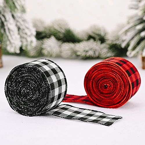 4 Rolls White Red Wired Edge Ribbon Christmas Plaid Ribbon and Burlap Craft Ribbon for DIY Wrapping Party Crafts Decor (4, White Red)
