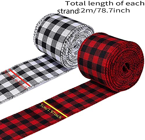 4 Rolls White Red Wired Edge Ribbon Christmas Plaid Ribbon and Burlap Craft Ribbon for DIY Wrapping Party Crafts Decor (4, White Red)