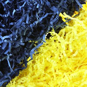 8 bags of crinkle cut paper shred filler, 2.0 lb, great for gift wrapping, basket filling, and more (yellow & navy blue)