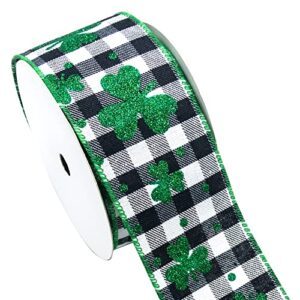 st patrick’s day ribbons 2.5″ 10 yards, black white plaid wired edge burlap ribbon green glitter shamrock wrapping ribbon for st patrick’s day birthday party wrapping diy craft decoration wreaths bow