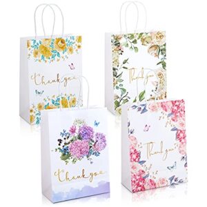thank you gift bags 12 pack floral design small thank you bags with handles, 8.6″ x 6.2″ x 3″ white kraft paper bags favor bags gift bags for small business wedding bridal shower baby shower