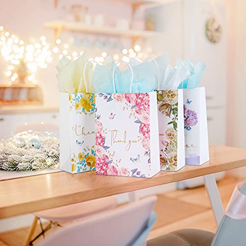 Thank You Gift Bags 12 Pack Floral Design Small Thank You Bags with Handles, 8.6" X 6.2" X 3" White Kraft Paper Bags Favor Bags Gift Bags for Small Business Wedding Bridal Shower Baby Shower