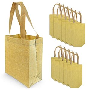 gold gift bags – 12 pack medium reusable gift bag tote with handles, holographic glitter design, eco friendly for christmas & holiday gifts, birthday, wedding & party favors, in bulk – 8x4x10
