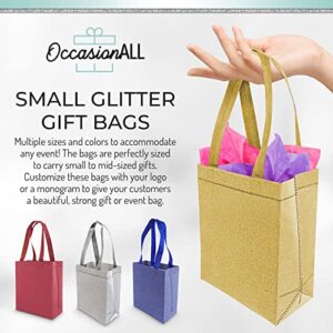 Gold Gift Bags - 12 Pack Medium Reusable Gift Bag Tote with Handles, Holographic Glitter Design, Eco Friendly for Christmas & Holiday Gifts, Birthday, Wedding & Party Favors, in Bulk - 8x4x10