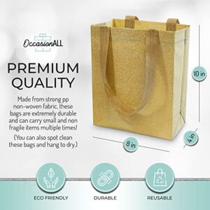 Gold Gift Bags - 12 Pack Medium Reusable Gift Bag Tote with Handles, Holographic Glitter Design, Eco Friendly for Christmas & Holiday Gifts, Birthday, Wedding & Party Favors, in Bulk - 8x4x10