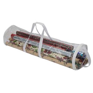 simplify clear gift wrap storage bag | holds 30″ long wrapping paper rolls | clear | zipper closure | easy storage | holiday storage | easy carry hangers