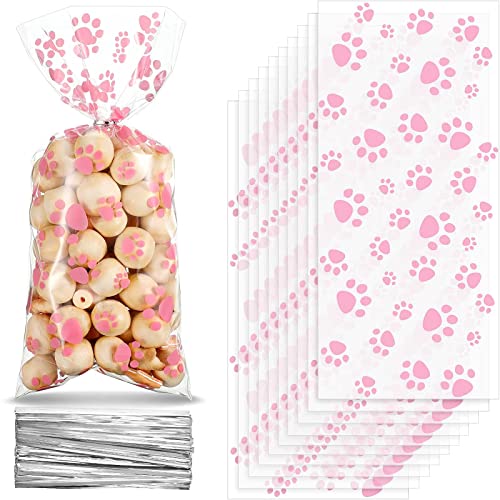 100 Pieces Pet Paw Print Cone Cellophane Bags Heat Sealable Candy Bags Dog Paw Gift Bags Cat Treat Bags with 100 Pieces Silver Twist Ties for Pet Treat Party Favor (Pink)