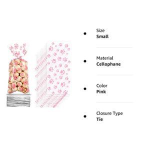 100 Pieces Pet Paw Print Cone Cellophane Bags Heat Sealable Candy Bags Dog Paw Gift Bags Cat Treat Bags with 100 Pieces Silver Twist Ties for Pet Treat Party Favor (Pink)
