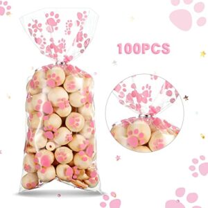 100 Pieces Pet Paw Print Cone Cellophane Bags Heat Sealable Candy Bags Dog Paw Gift Bags Cat Treat Bags with 100 Pieces Silver Twist Ties for Pet Treat Party Favor (Pink)