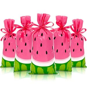 whaline 100pcs watermelon treat bags pink green candy cellophane bag 10.8 x 5 inch watermelon plastic goody bags with red ribbon for birthday watermelon party favor supplies gift summer decoration