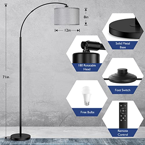 Arc Floor Lamps for Living Room, Modern Remote Control Standing Lamp with Stepless Dimmable, Black Tall Lamp with Gary Drum Shade, Over Couch Arched Reading Light for Bedroom, Office(Bulb Included)