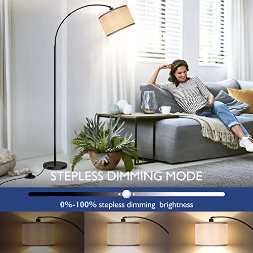 Arc Floor Lamps for Living Room, Modern Remote Control Standing Lamp with Stepless Dimmable, Black Tall Lamp with Gary Drum Shade, Over Couch Arched Reading Light for Bedroom, Office(Bulb Included)