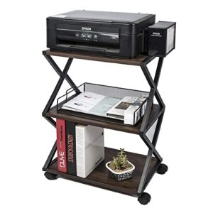 noze 3 tiers mobile printer stand rolling printer cart with wheels industrial machine storage shelf wood and metal desk printer table for home office, dark walnut…