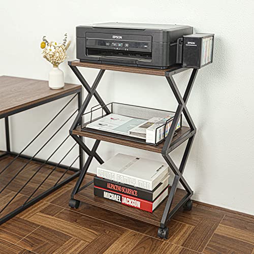 NOZE 3 Tiers Mobile Printer Stand Rolling Printer Cart with Wheels Industrial Machine Storage Shelf Wood and Metal Desk Printer Table for Home Office, Dark Walnut…