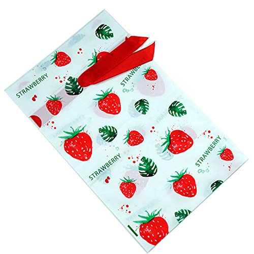 DIABO 50 Pcs Plastic Drawstring Gift Bags Strawberry Print Treat Bags For Birthday Party Snack Wrapping Wedding Gift Party Favor(5.5x9.3 Inch)