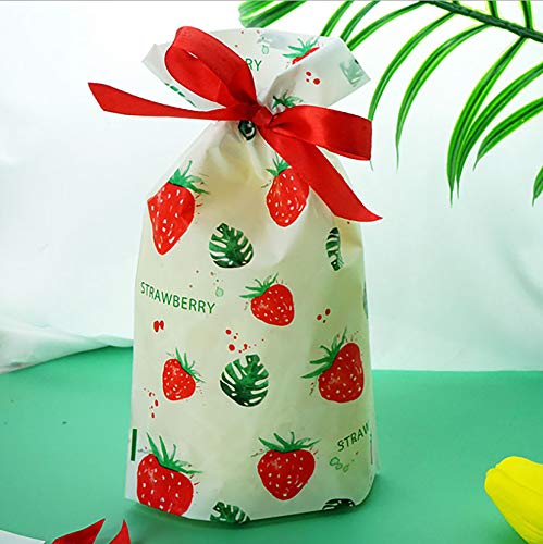 DIABO 50 Pcs Plastic Drawstring Gift Bags Strawberry Print Treat Bags For Birthday Party Snack Wrapping Wedding Gift Party Favor(5.5x9.3 Inch)