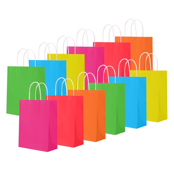 Colorful Gift Bags, 6 Colors 6”x3”x8” 24 PACK, Kraft Paper Party Favor Bags with Handles, Bulk Pack Rainbow Goodie Bags for Birthdays, Gifts, Weddings, Baby Showers, and Celebrations