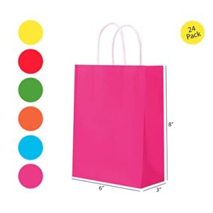 Colorful Gift Bags, 6 Colors 6”x3”x8” 24 PACK, Kraft Paper Party Favor Bags with Handles, Bulk Pack Rainbow Goodie Bags for Birthdays, Gifts, Weddings, Baby Showers, and Celebrations