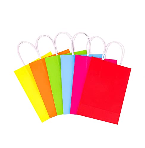 Colorful Gift Bags, 6 Colors 6”x3”x8” 24 PACK, Kraft Paper Party Favor Bags with Handles, Bulk Pack Rainbow Goodie Bags for Birthdays, Gifts, Weddings, Baby Showers, and Celebrations