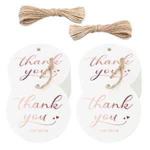 jijacraft 100psc thank you gift tags with string,thank you tags,rose gold foil round tags,personalized favor tags,white paper tags for wedding,birthday,baby shower,thank you very much gift tags