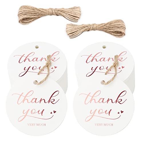 jijAcraft 100Psc Thank You Gift Tags with String,Thank You Tags,Rose Gold Foil Round Tags,Personalized Favor Tags,White Paper Tags for Wedding,Birthday,Baby Shower,Thank You Very Much Gift Tags