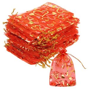FOIMAS 100pcs Heart Organza Gift Bags,4x6 Inch Red Drawstring Jewelry Pouch Bag for Valentine's Day Wedding Party Favor