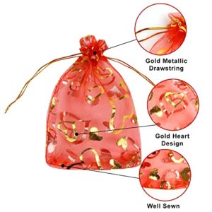 FOIMAS 100pcs Heart Organza Gift Bags,4x6 Inch Red Drawstring Jewelry Pouch Bag for Valentine's Day Wedding Party Favor