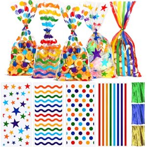 julbear 180pcs cellophane treat bags, rainbow candy goodie cello bag with 200pcs twist ties for kids party favor supplies (4 styles)