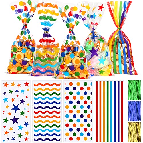 JULBEAR 180Pcs Cellophane Treat Bags, Rainbow Candy Goodie Cello Bag with 200Pcs Twist Ties for Kids Party Favor Supplies (4 Styles)