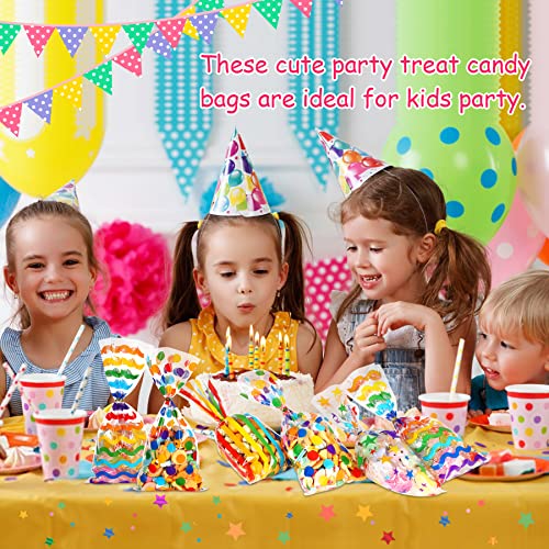 JULBEAR 180Pcs Cellophane Treat Bags, Rainbow Candy Goodie Cello Bag with 200Pcs Twist Ties for Kids Party Favor Supplies (4 Styles)