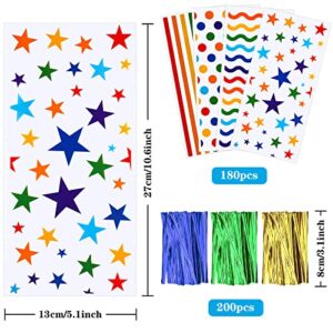 JULBEAR 180Pcs Cellophane Treat Bags, Rainbow Candy Goodie Cello Bag with 200Pcs Twist Ties for Kids Party Favor Supplies (4 Styles)