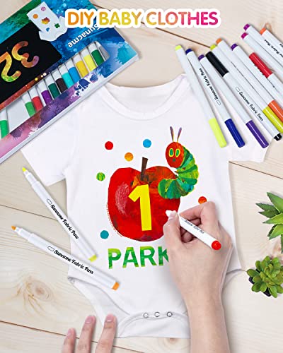 sunacme Fabric Markers Pen, 32 Colors Permanent Fabric Paint Pens Art Markers Set - Fine Tip, Child Safe & Non- Toxic for Canvas, Bags, T-Shirts, Sneakers