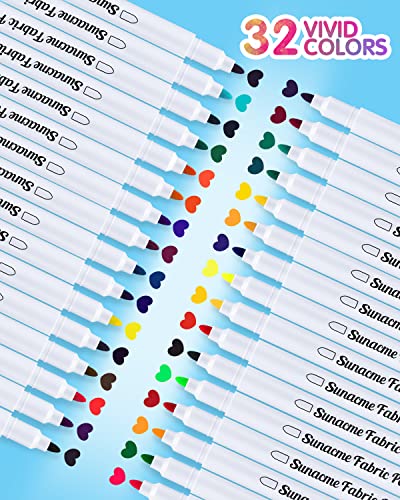 sunacme Fabric Markers Pen, 32 Colors Permanent Fabric Paint Pens Art Markers Set - Fine Tip, Child Safe & Non- Toxic for Canvas, Bags, T-Shirts, Sneakers