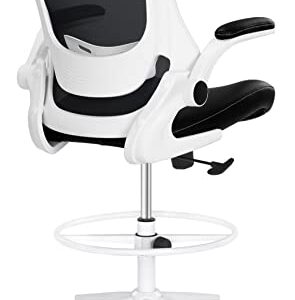 Misolant Drafting Chair, Tall Office Chair for Standing Desk, Desk Chair Ergonomic Office Chair with Flip Up Arm, Height Adjustable Lumbar Support and Footrest, Mesh Office Chair, 400lbs(White)