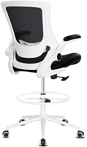 Misolant Drafting Chair, Tall Office Chair for Standing Desk, Desk Chair Ergonomic Office Chair with Flip Up Arm, Height Adjustable Lumbar Support and Footrest, Mesh Office Chair, 400lbs(White)