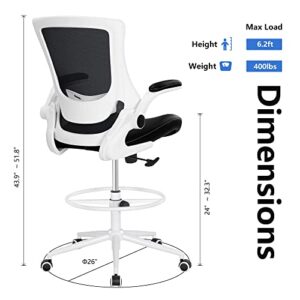 Misolant Drafting Chair, Tall Office Chair for Standing Desk, Desk Chair Ergonomic Office Chair with Flip Up Arm, Height Adjustable Lumbar Support and Footrest, Mesh Office Chair, 400lbs(White)