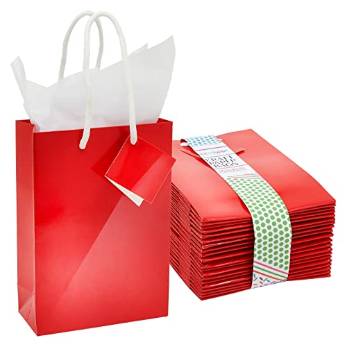 BLUE PANDA 20 Pack Small Red Paper Gift Bags with Handles, White Tissue Paper, and Hanging Tags (8 x 5.5 x 2.5 In)