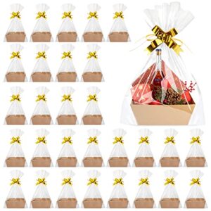110 pcs large empty gift basket diy basket for gifts empty kit 30 pcs 10 x 8.5 x 3.5 inch kraft market tray with handle fruit cardboard basket with 40 bags 40 gold bows for holiday birthday gift