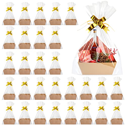 110 Pcs Large Empty Gift Basket DIY Basket for Gifts Empty Kit 30 Pcs 10 x 8.5 x 3.5 Inch Kraft Market Tray with Handle Fruit Cardboard Basket with 40 Bags 40 Gold Bows for Holiday Birthday Gift