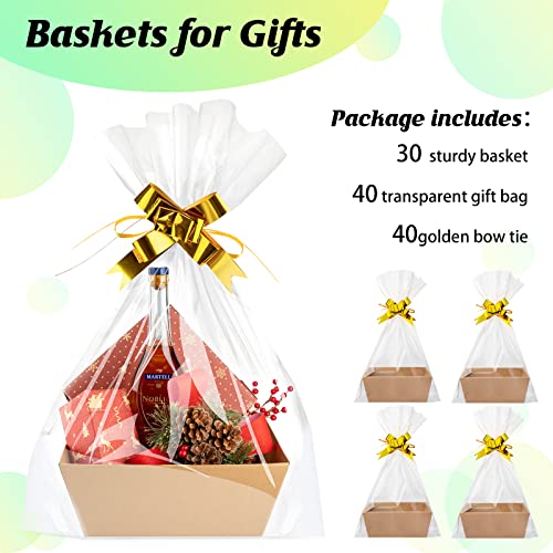 110 Pcs Large Empty Gift Basket DIY Basket for Gifts Empty Kit 30 Pcs 10 x 8.5 x 3.5 Inch Kraft Market Tray with Handle Fruit Cardboard Basket with 40 Bags 40 Gold Bows for Holiday Birthday Gift