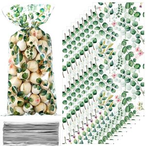outus eucalyptus party cellophane treat bag candy bags for baby shower wedding bridal shower supplies favors decorations birthday theme greenery floral graduation decor(100 pieces)