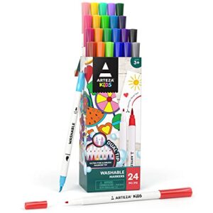 arteza kids dual tip washable markers, 24 bright colors, marker pens with ultra fine and brush tip, school supplies for kids ages 3 and up