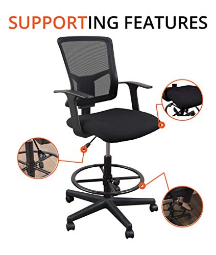 Stand Up Desk Store Sit to Stand Drafting Task Stool Chair for Standing Desks with Adjustable Footrest and Armrests (Black)